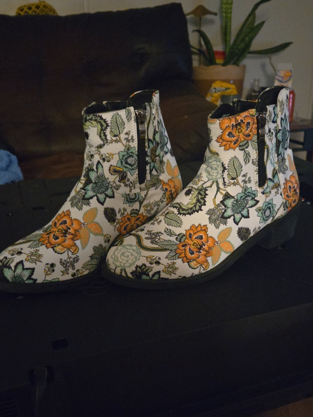 Floral Ankle Boots - Orange & Green Floral Print, NIP, Sz 6.5 (37)